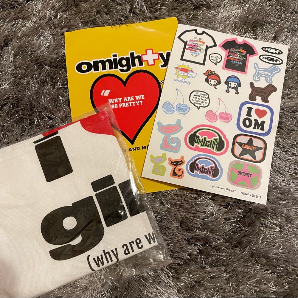 omighty tote and stickers